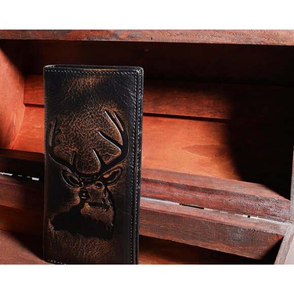 Men Brown Deer Long Wallet Full Grain with Hand Burnished Blocking Rodeo Wallet - Picture 4 of 6